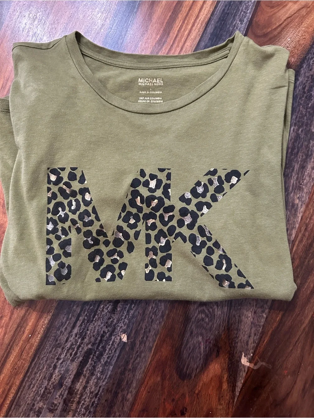 Michael Kors Olive Green Tee with Leopard MK Logo